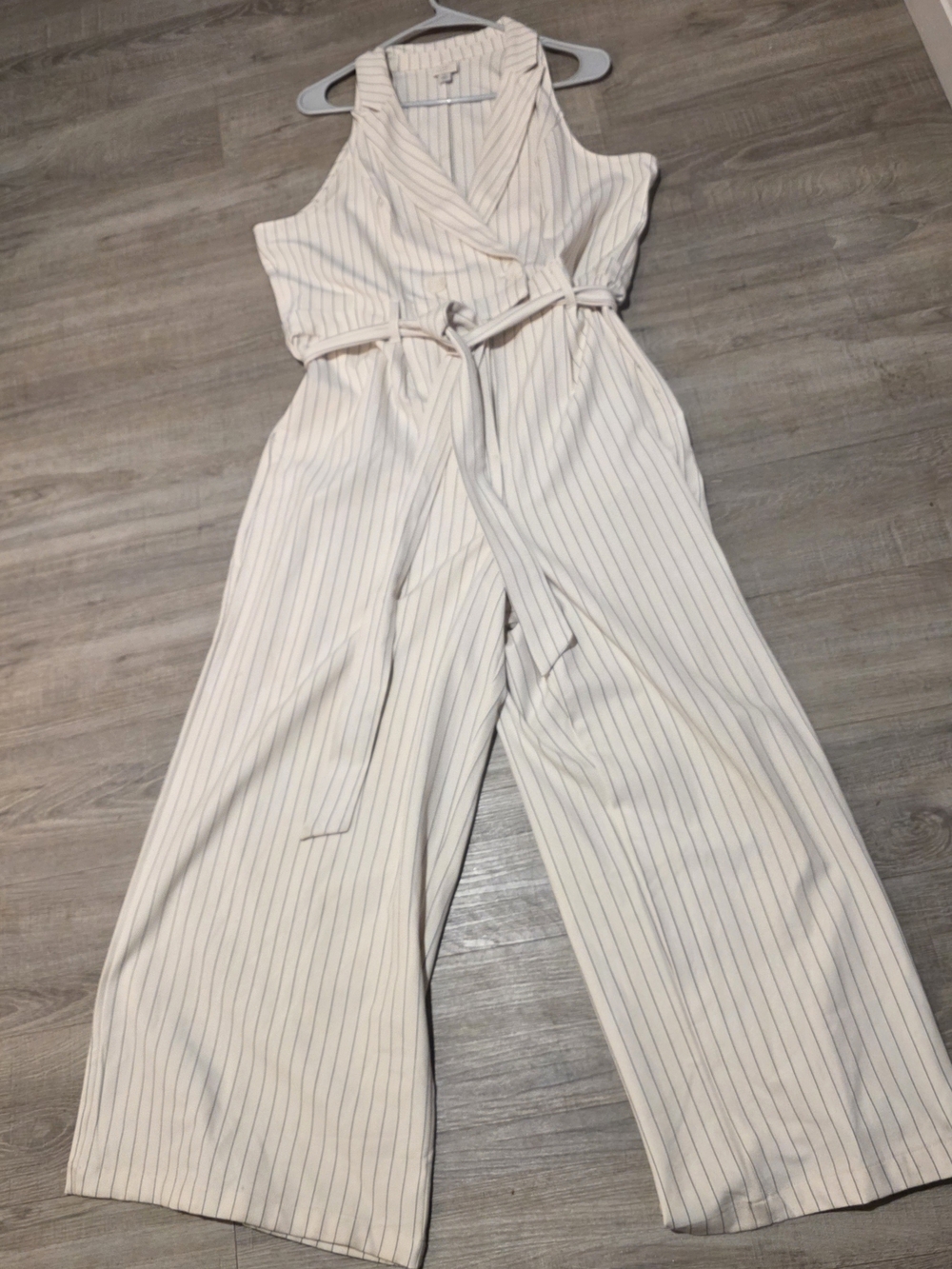 a new day Cream Sleeveless Pinstripe Wrap Jumpsuit